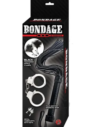 Bondage Whip Feather Cuffs Blk