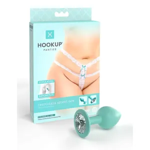 Hookup Panties Crotchless Secret Gem With Diamond Silicone Anal Plug White/Aqua XL-XXL