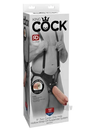 King Cock 11inch Two Cocks One Hole Hollow  Strap-on  Suspender System - Flesh