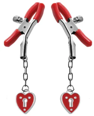 Master Series Charmed Heart Padlock Nipple Clamps - Red